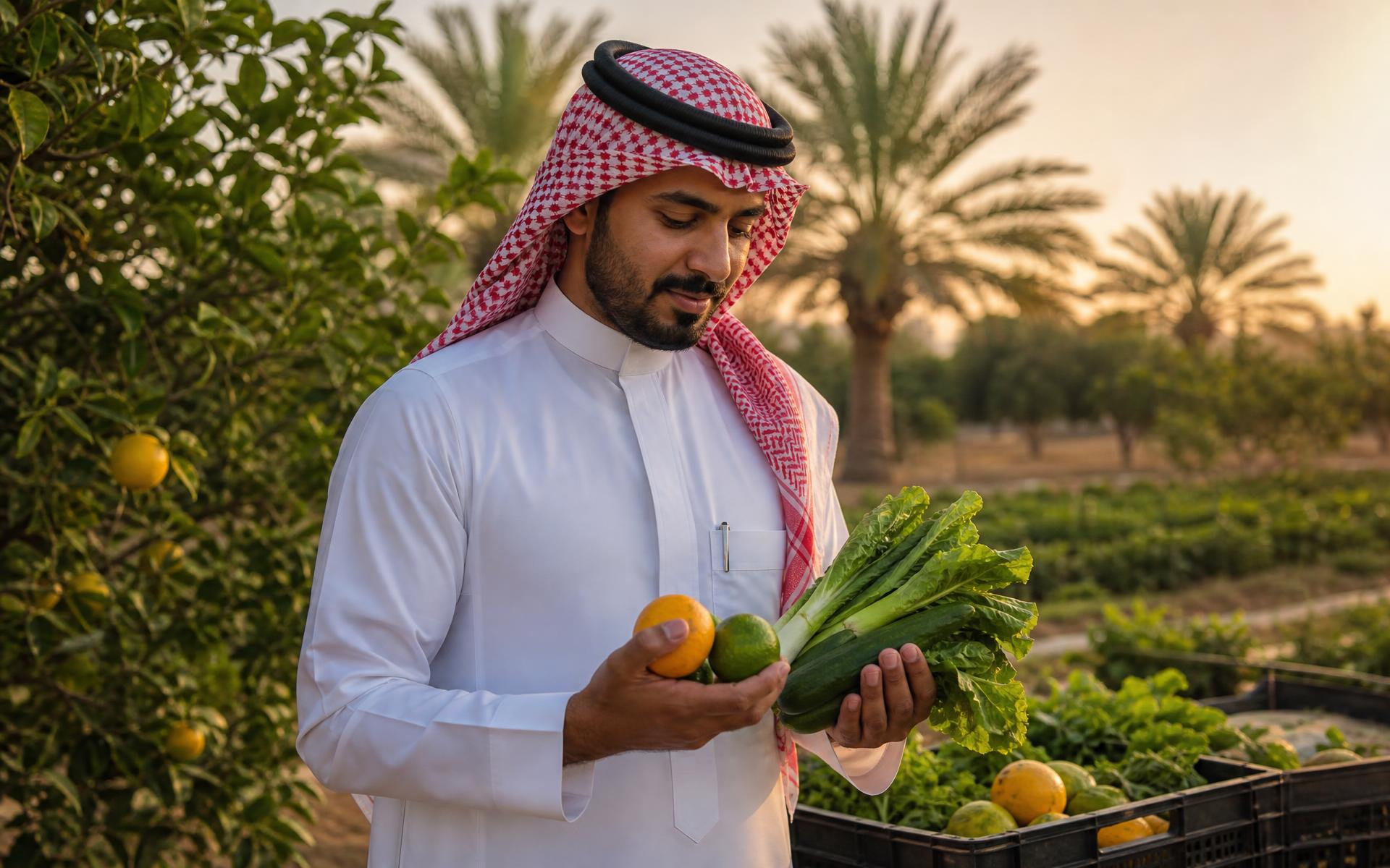 مزارع سعودي بالثوب والشماغ يفحص المحصول في بستان